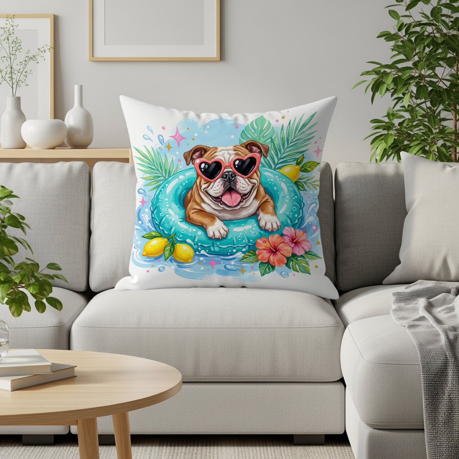 Bulldog wearing heart sunglasses floats in a pool with lemons and tropical leaves.