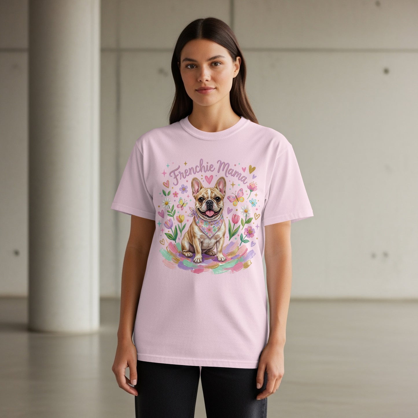 Pink t-shirt with Frenchie Mama design, French bulldog, hearts, and flowers.