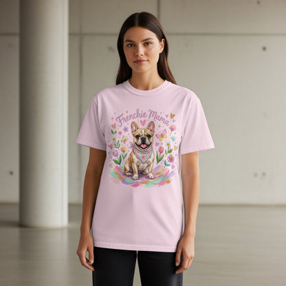 Pink t-shirt with Frenchie Mama design, French bulldog, hearts, and flowers.