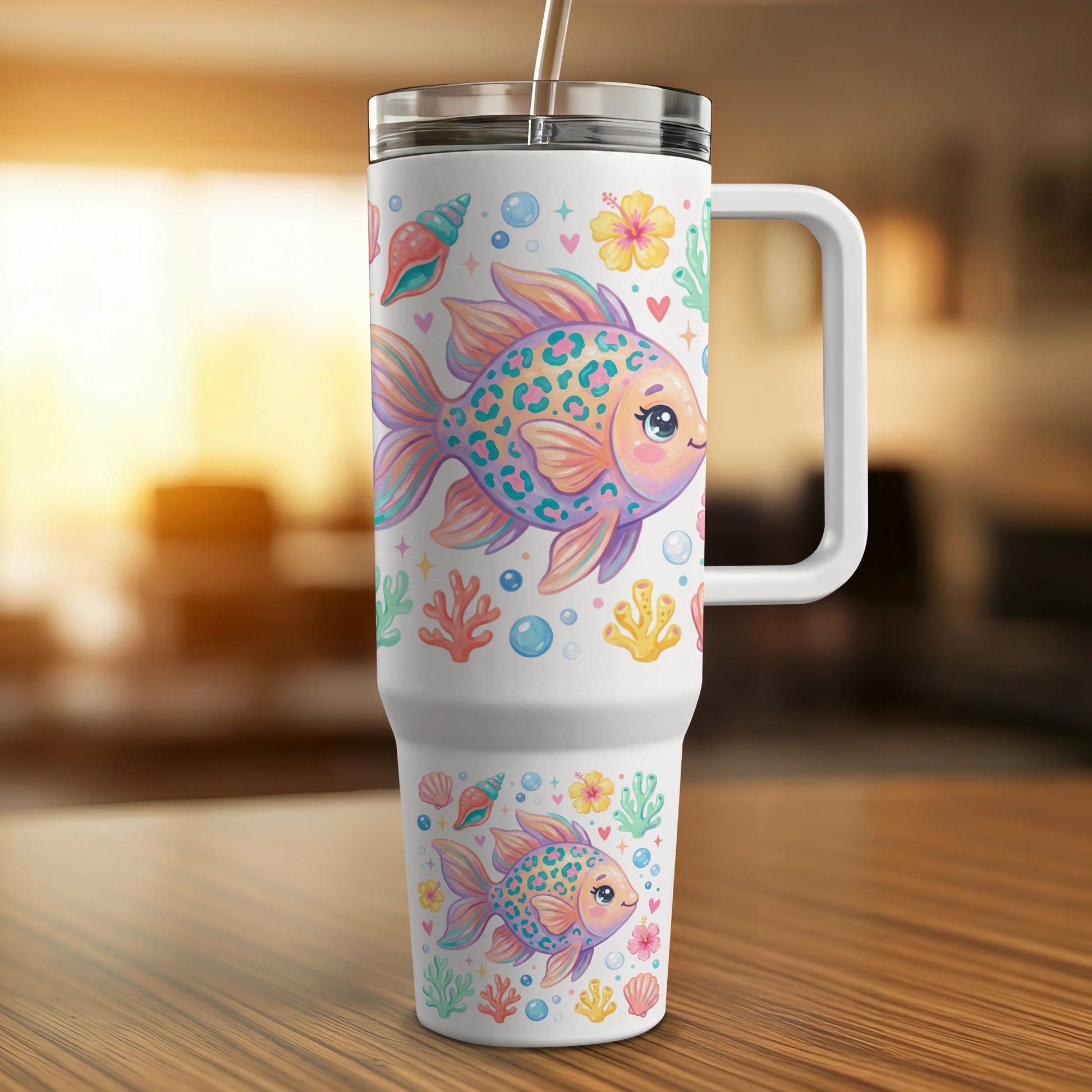 White tumbler with colorful cartoon fish and seashells.