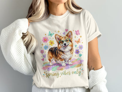 Corgi wearing glasses surrounded by flowers and butterflies with "spring vibes only" text.