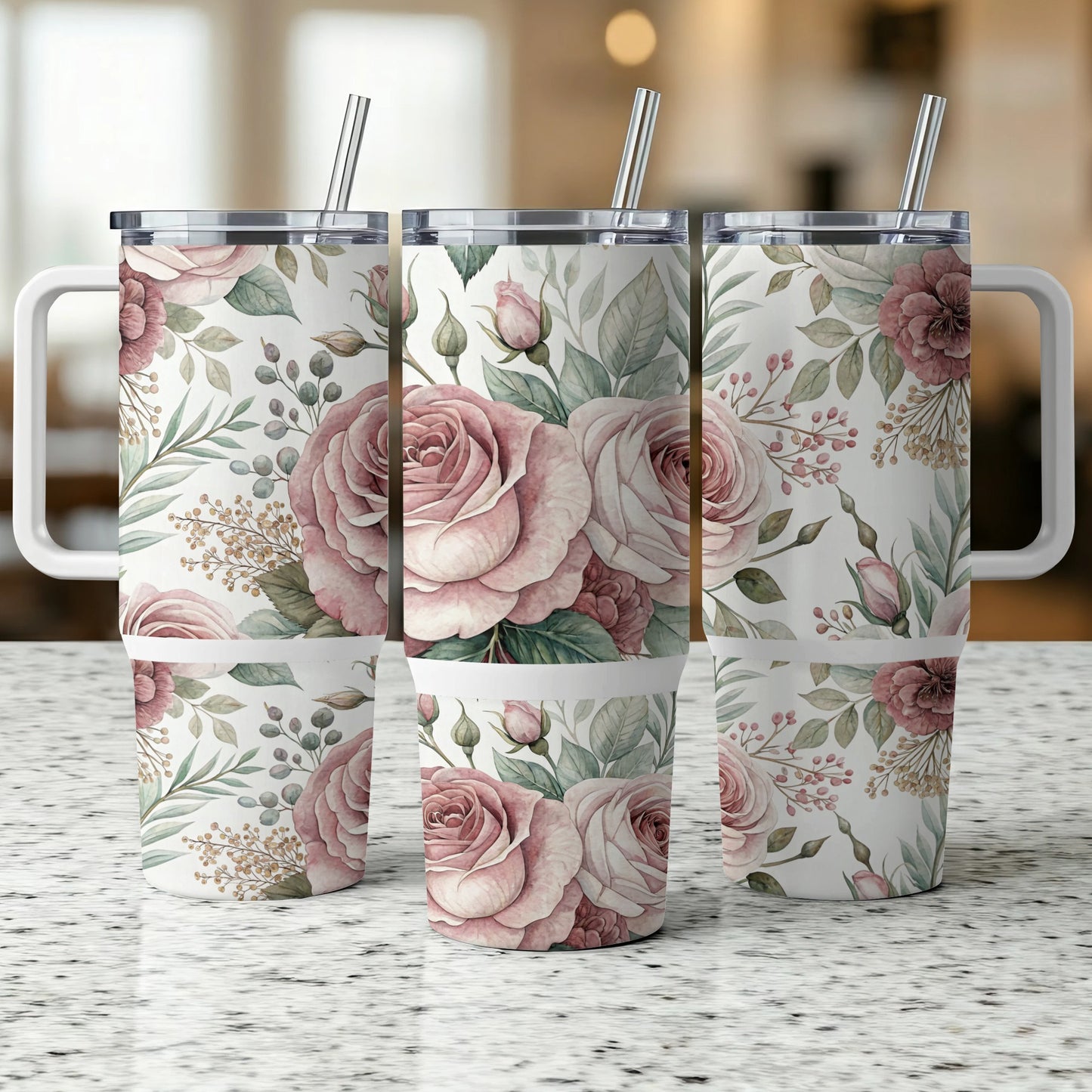Three tumblers with a floral design of pink roses and greenery.