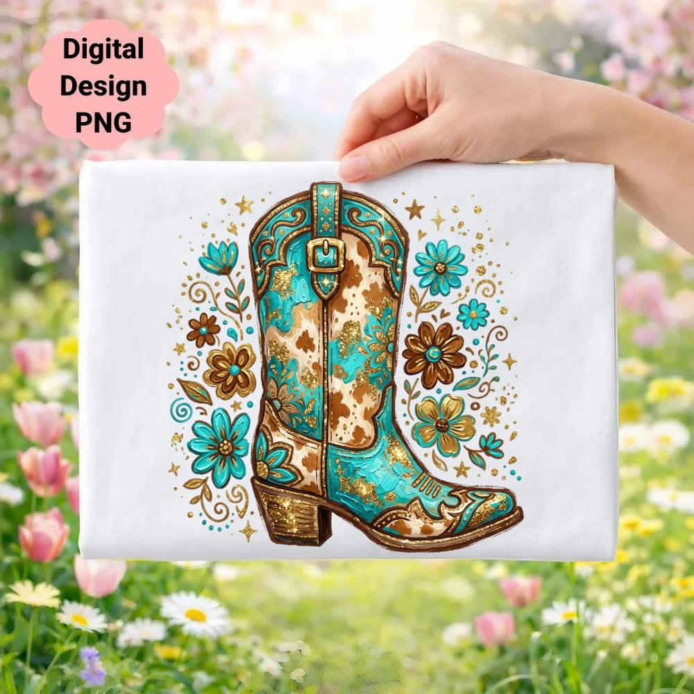 Turquoise cowboy boot with floral and glitter embellishments, held by a hand.