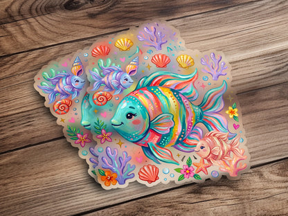 Cute cartoon fish, shells, and coral stickers with a wooden background.