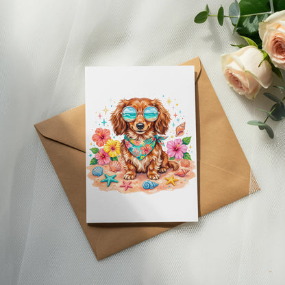 Dachshund wearing sunglasses and bandana on beach themed card.