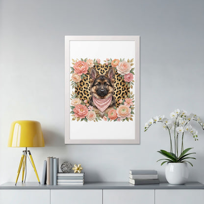 Framed artwork of German Shepherd dog wearing a pink bandana, surrounded by flowers.