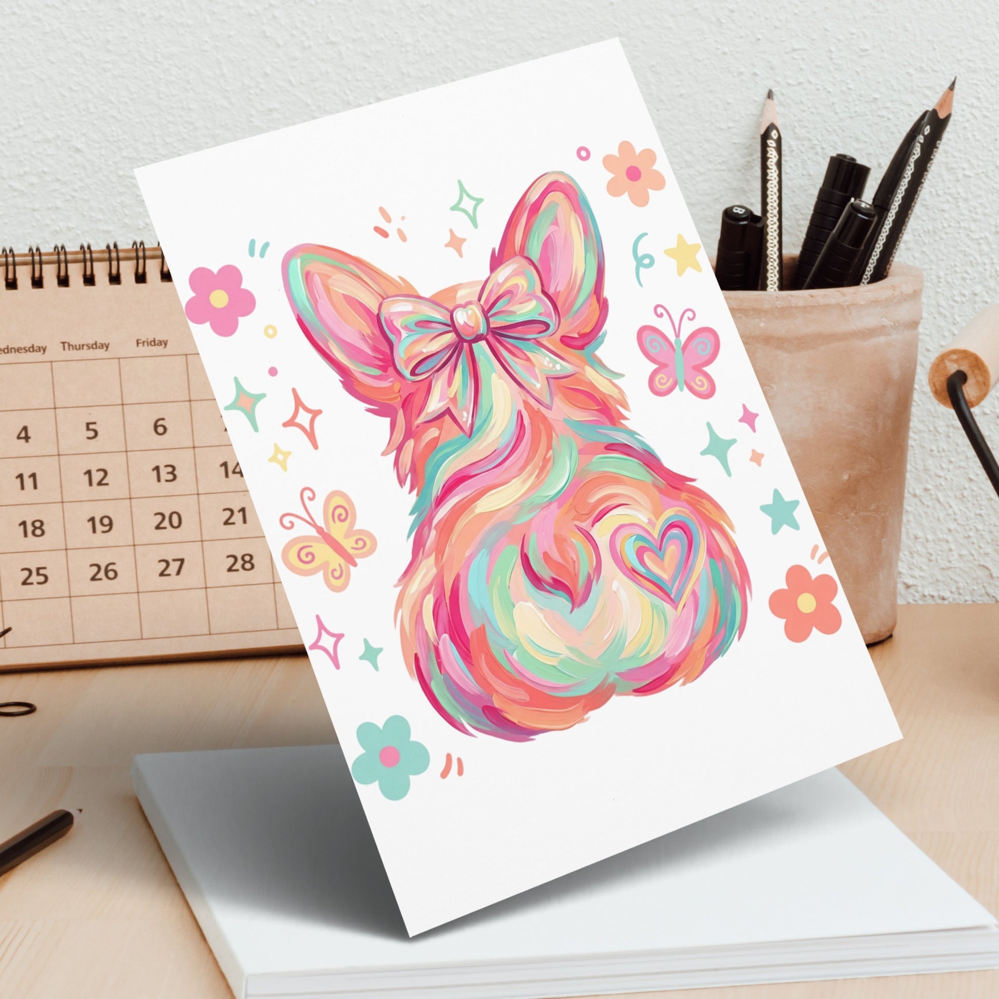 Colorful, stylized corgi illustration with a bow and heart on a card.
