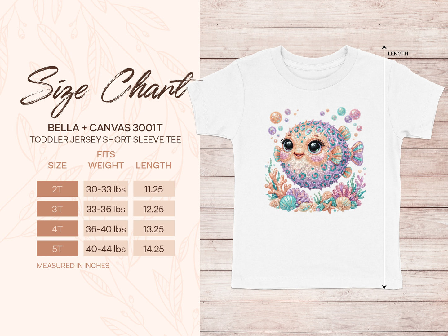 Size chart for Bella + Canvas 3001T toddler short sleeve tee.