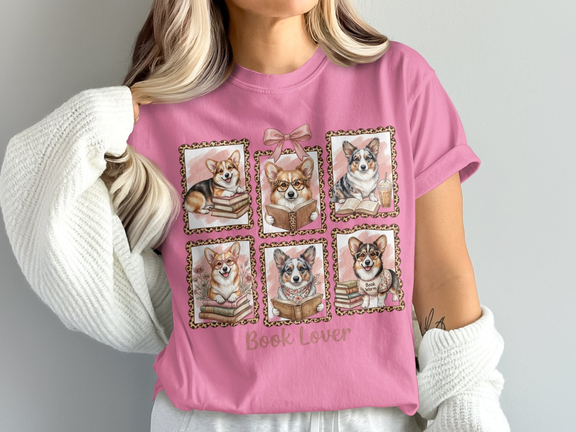 Six framed corgi illustrations reading books, with "Book Lover" text.
