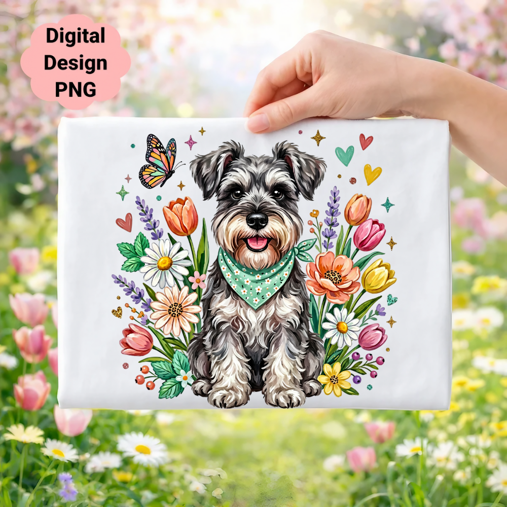 Schnauzer dog wearing a bandana, surrounded by flowers and a butterfly.