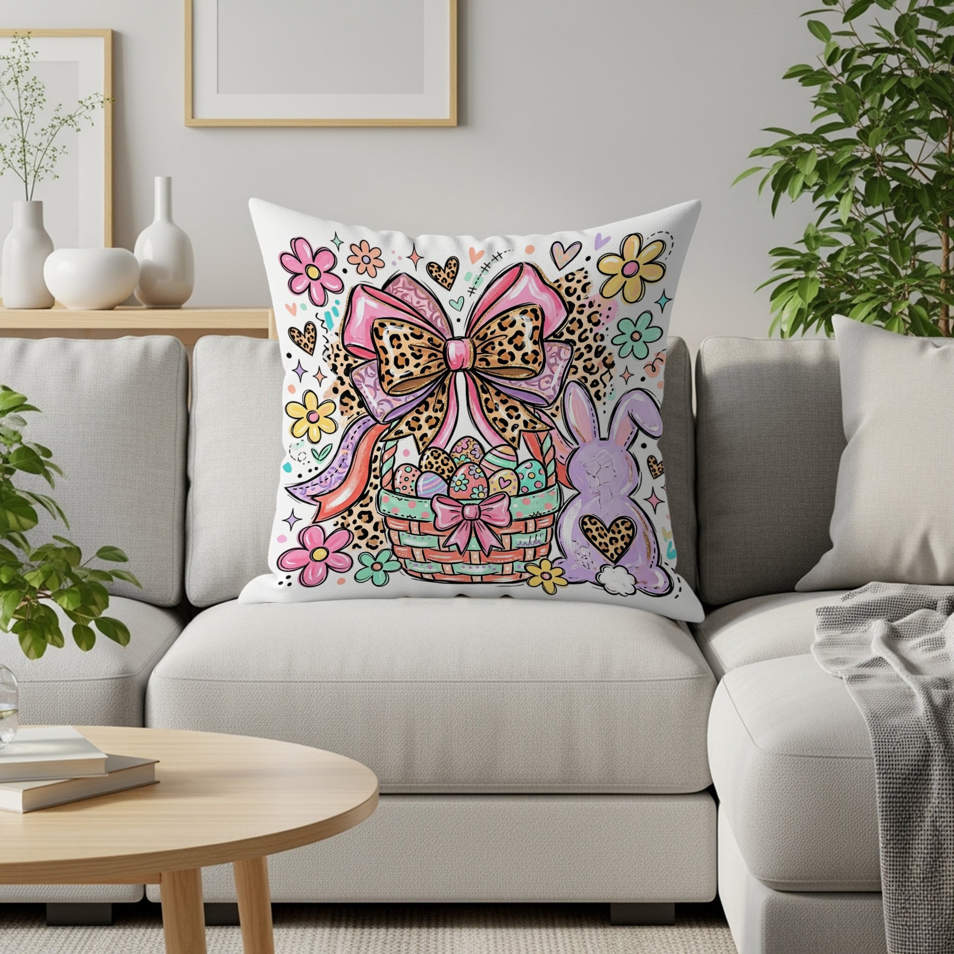 Easter basket with bunny and colorful floral accents on a patterned pillow.