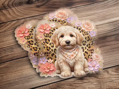 Fluffy dog wearing a bandana with flowers and leopard print background.