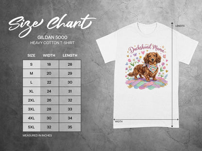 Gildan 5000 size chart with Dachshund Mama graphic on t-shirt.