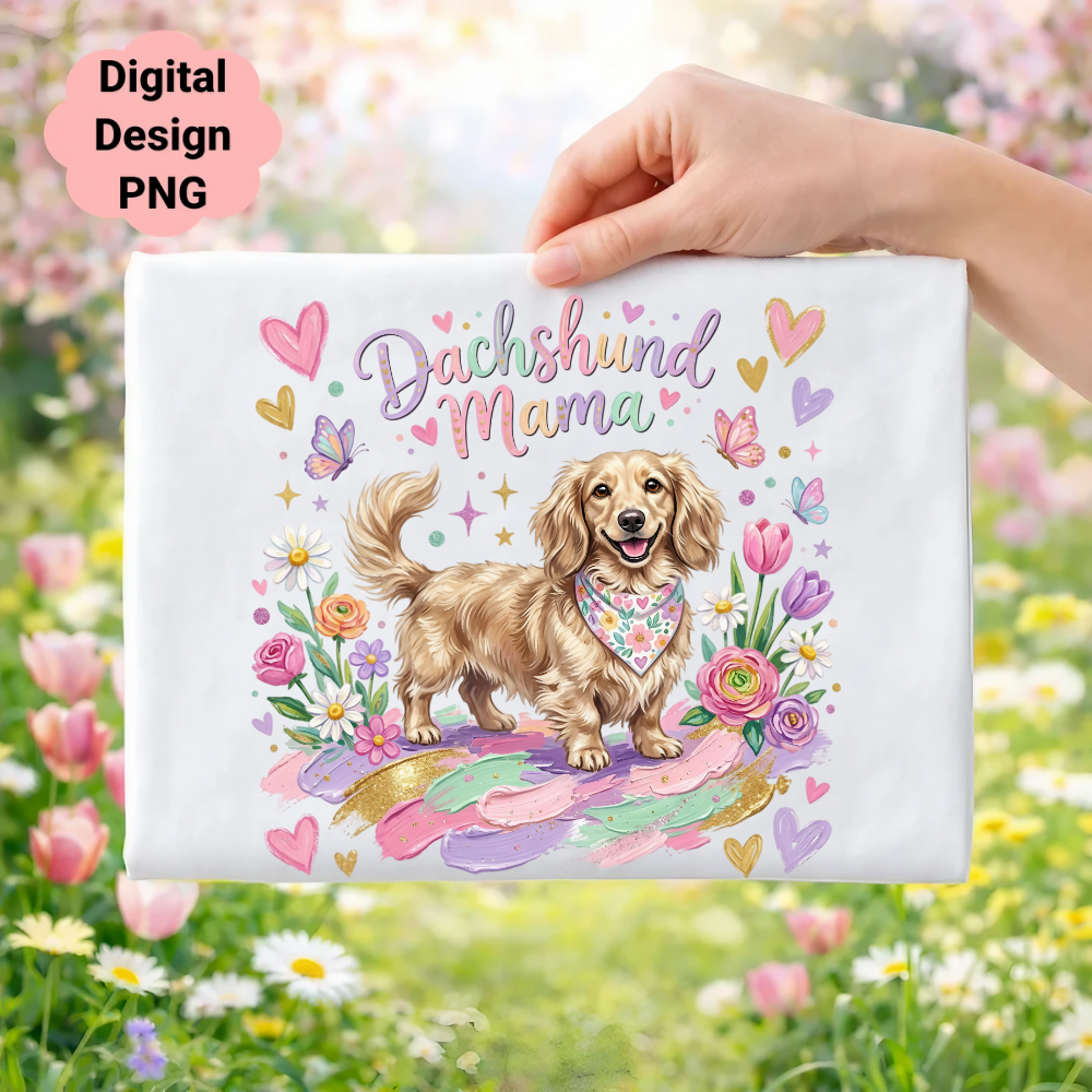 Dachshund Mama design with a dog, flowers, and butterflies.