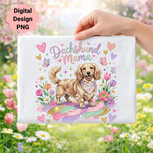 Dachshund Mama design with a dog, flowers, and butterflies.