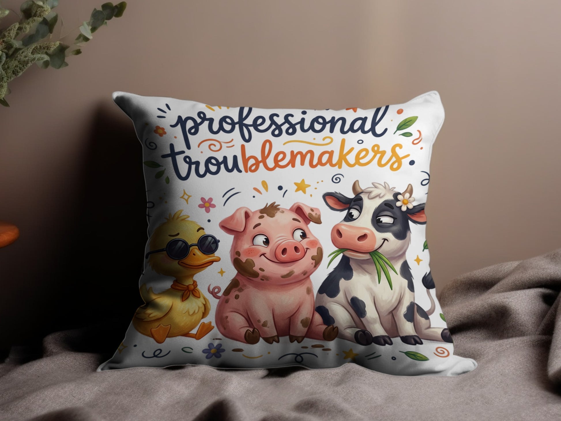 Farm animals with "professional troublemakers" text.