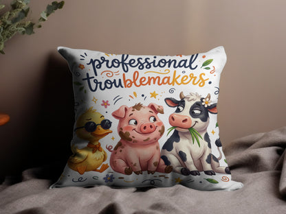 Farm animals with "professional troublemakers" text.