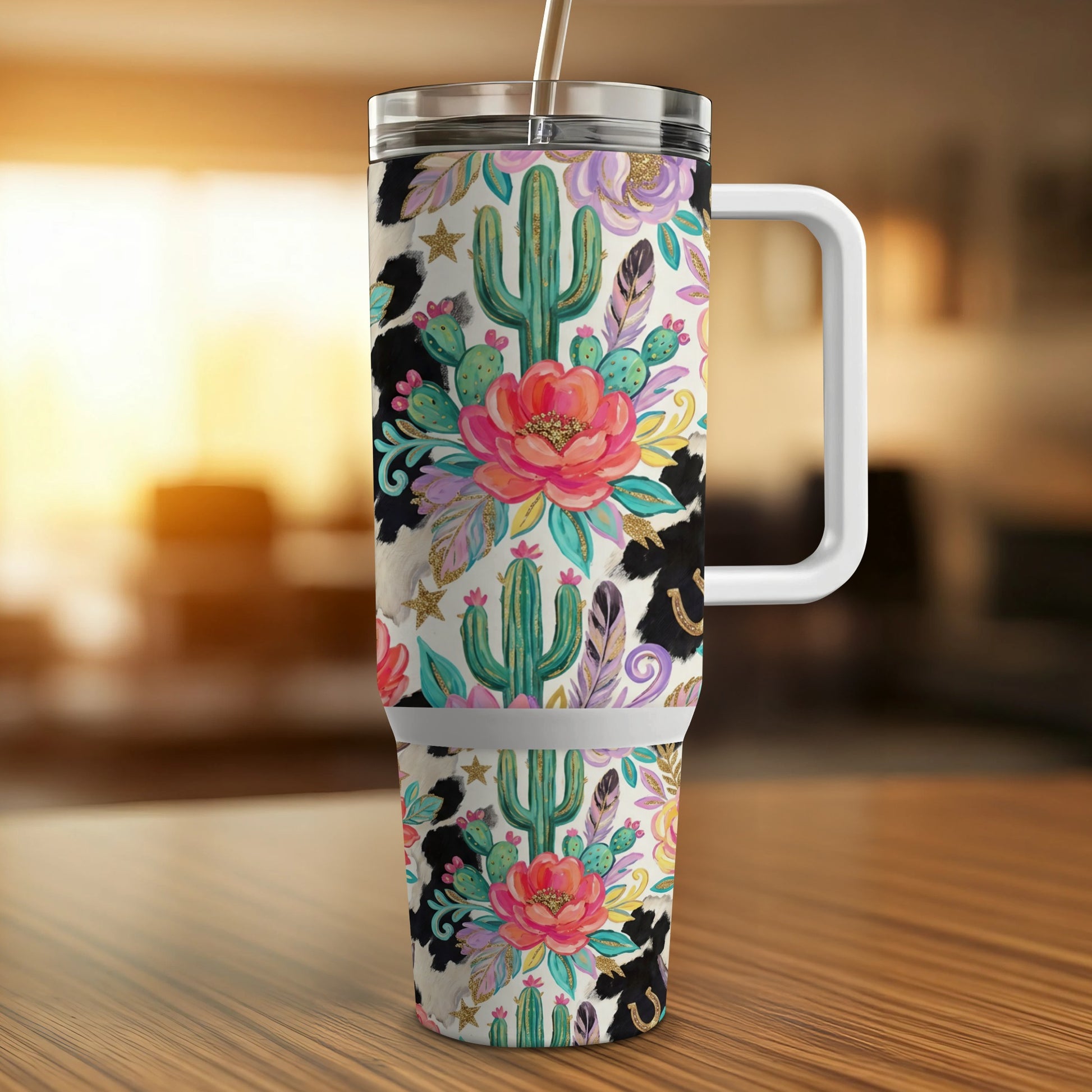 Tumbler with western floral cactus and cow print design.