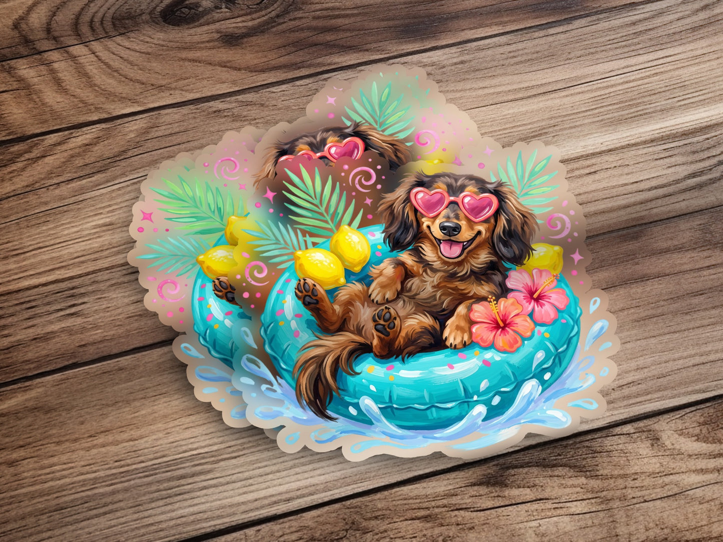 Dachshund in sunglasses relaxing in a pool float with lemons.