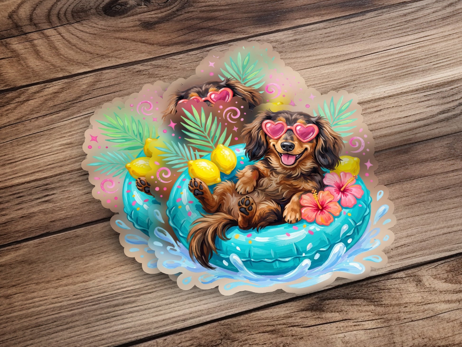 Dachshund in sunglasses relaxing in a pool float with lemons.