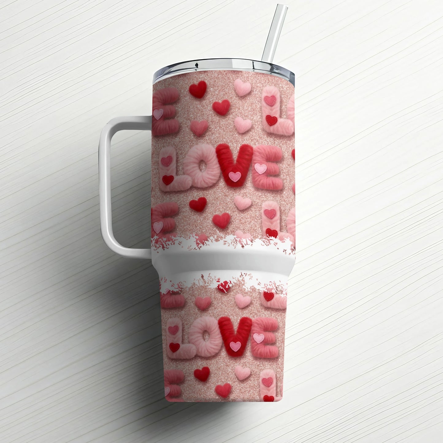 Pink glitter tumbler with "LOVE" text and heart accents.