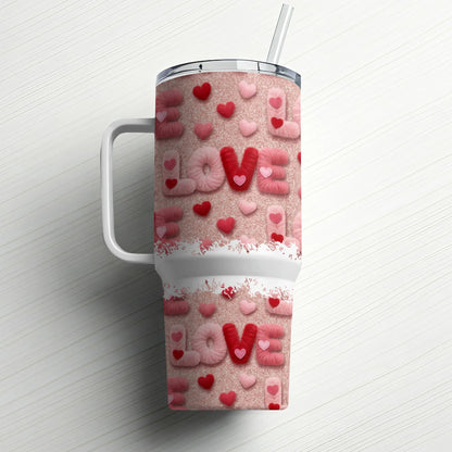 Pink glitter tumbler with "LOVE" text and heart accents.