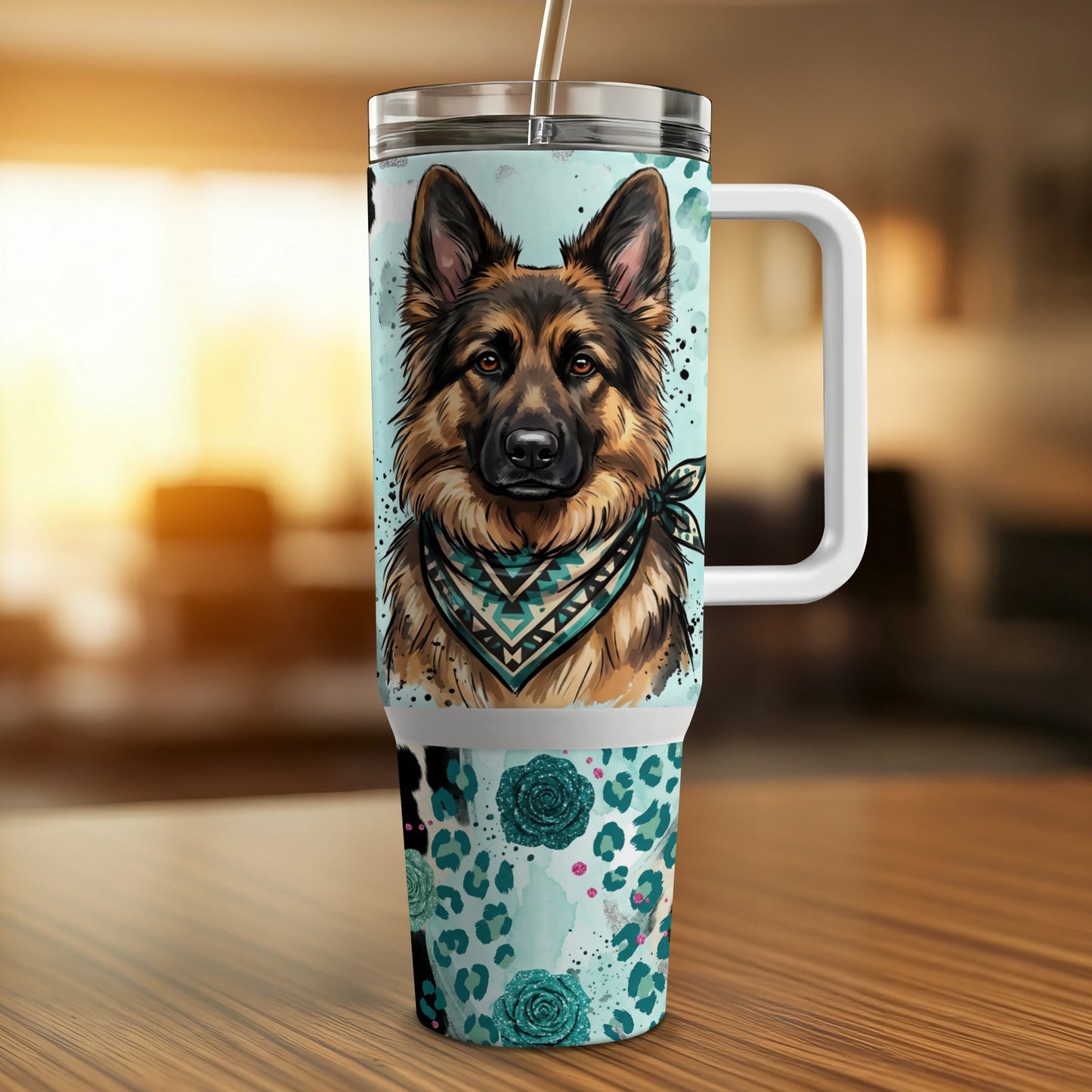 German Shepherd in bandana on a teal leopard print tumbler.