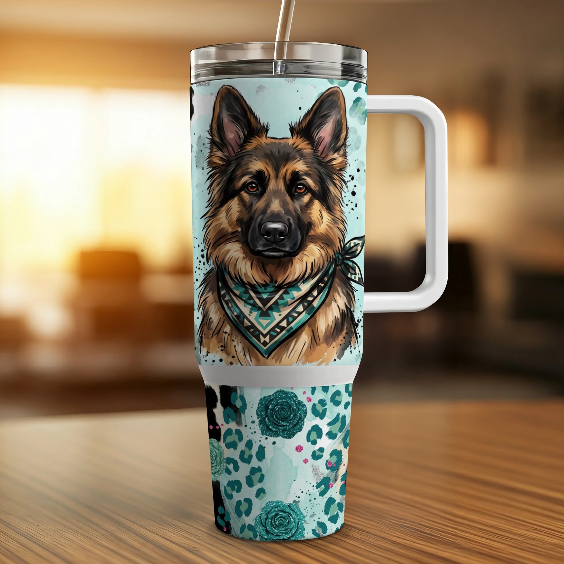 German Shepherd in bandana on a teal leopard print tumbler.