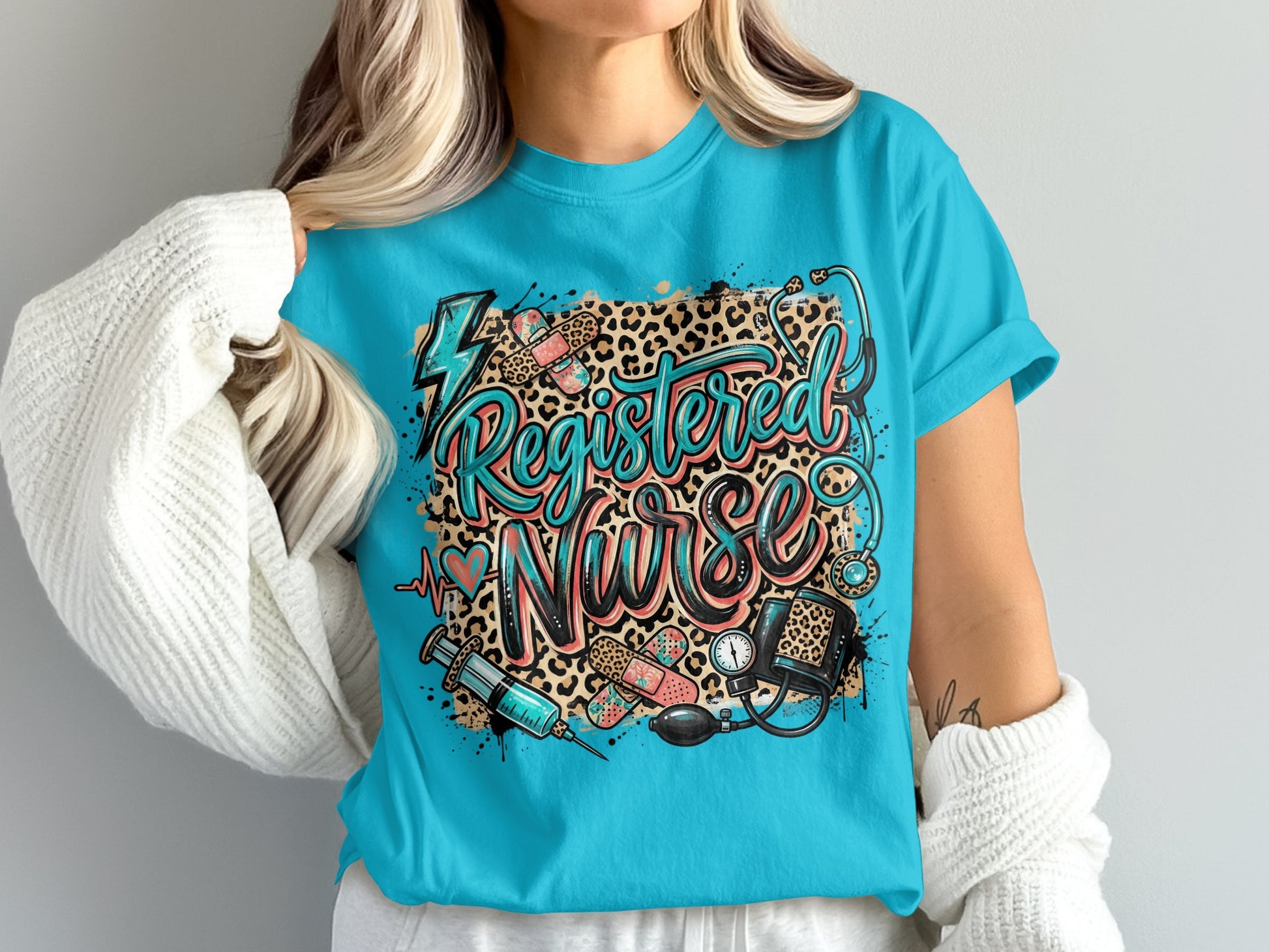 Registered Nurse graphic tee with medical icons and leopard print.