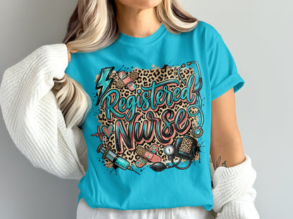 Registered Nurse graphic tee with medical icons and leopard print.