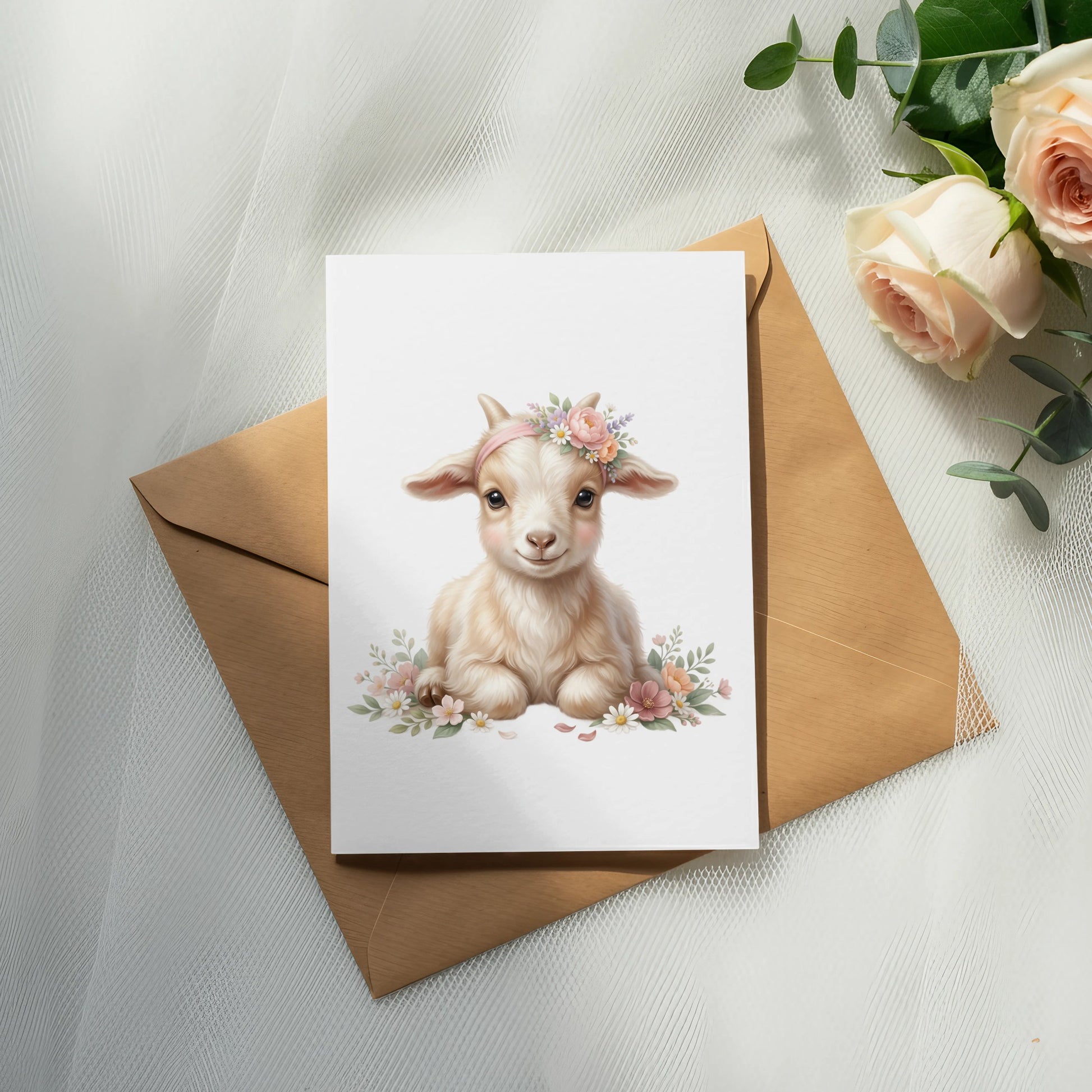 Cute baby goat wearing flower crown on greeting card.