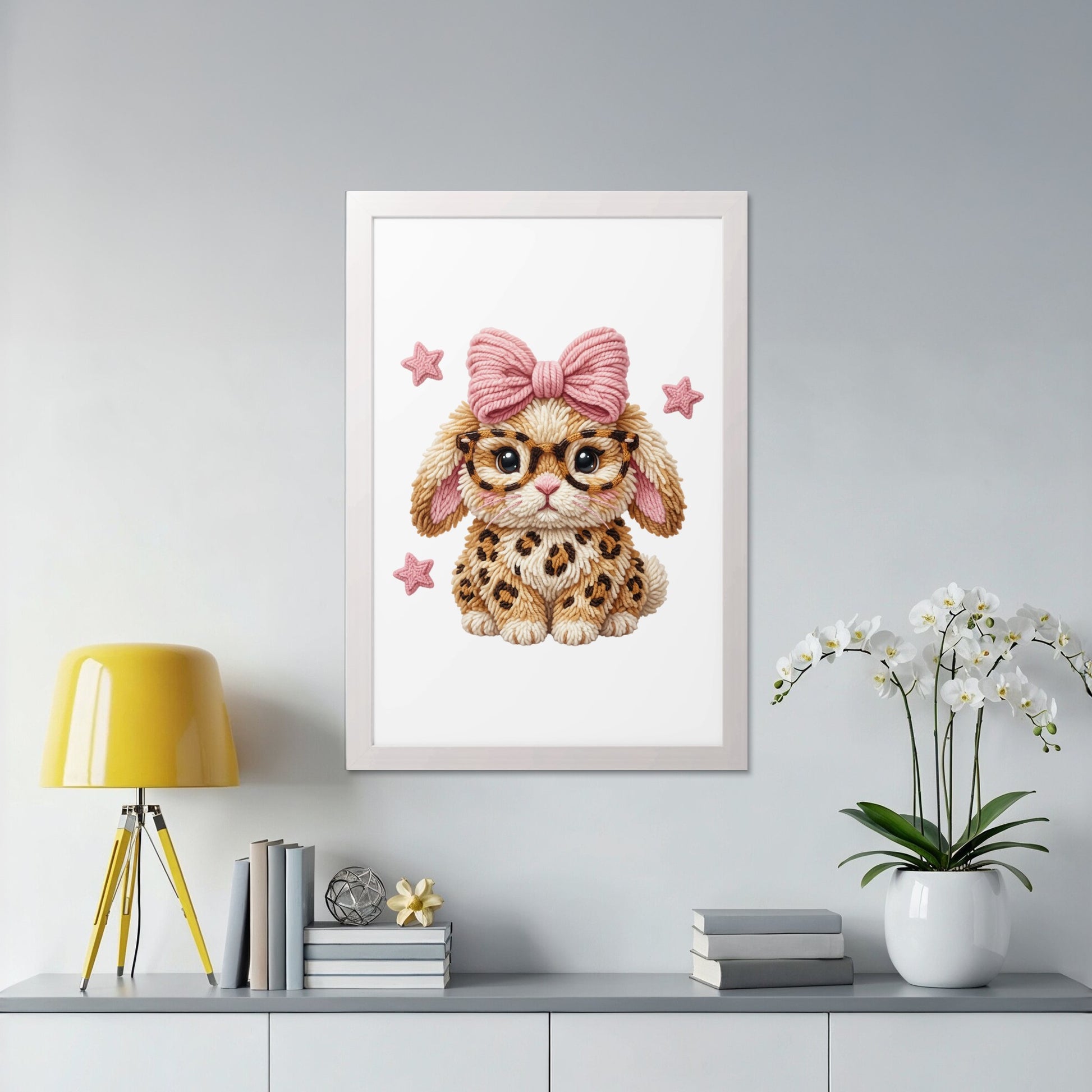 Cute cartoon bunny wearing glasses and a pink bow, with leopard print.