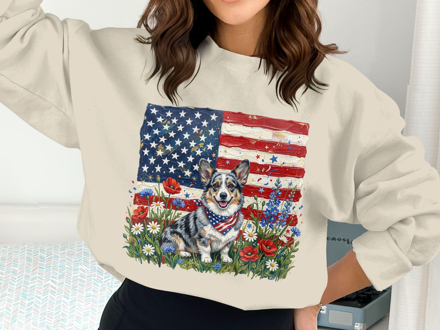 Corgi wearing bandana with American flag and flowers.