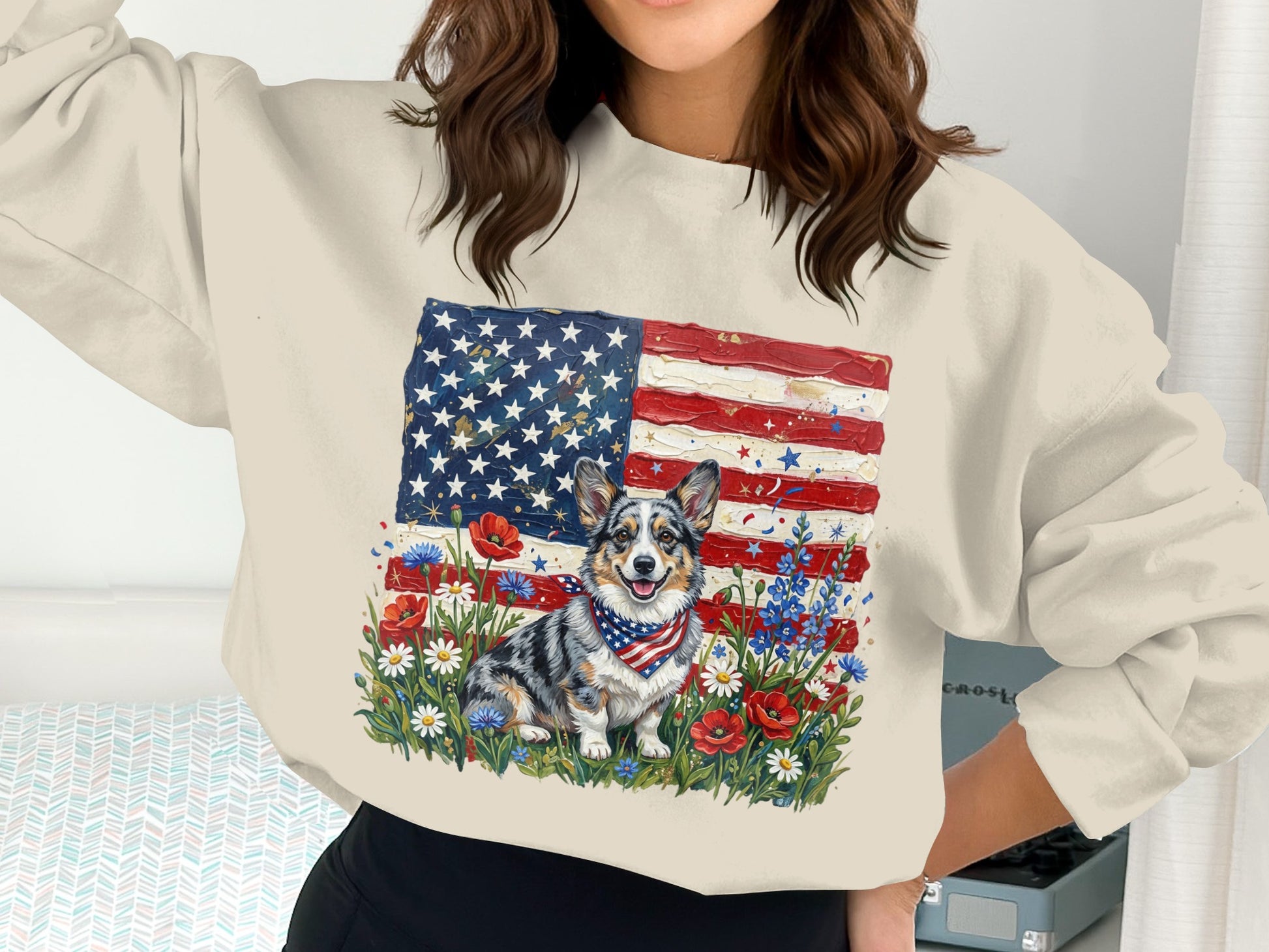 Corgi wearing bandana with American flag and flowers.