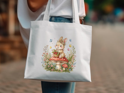 Illustration of a bunny on a mushroom with a basket of berries and butterflies.