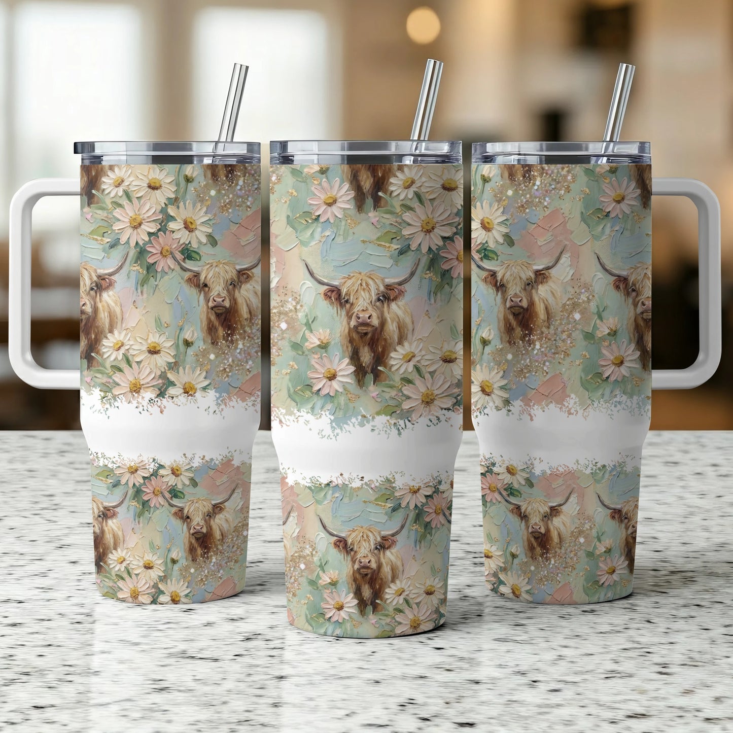 Three Highland cows with floral patterns on tumblers.