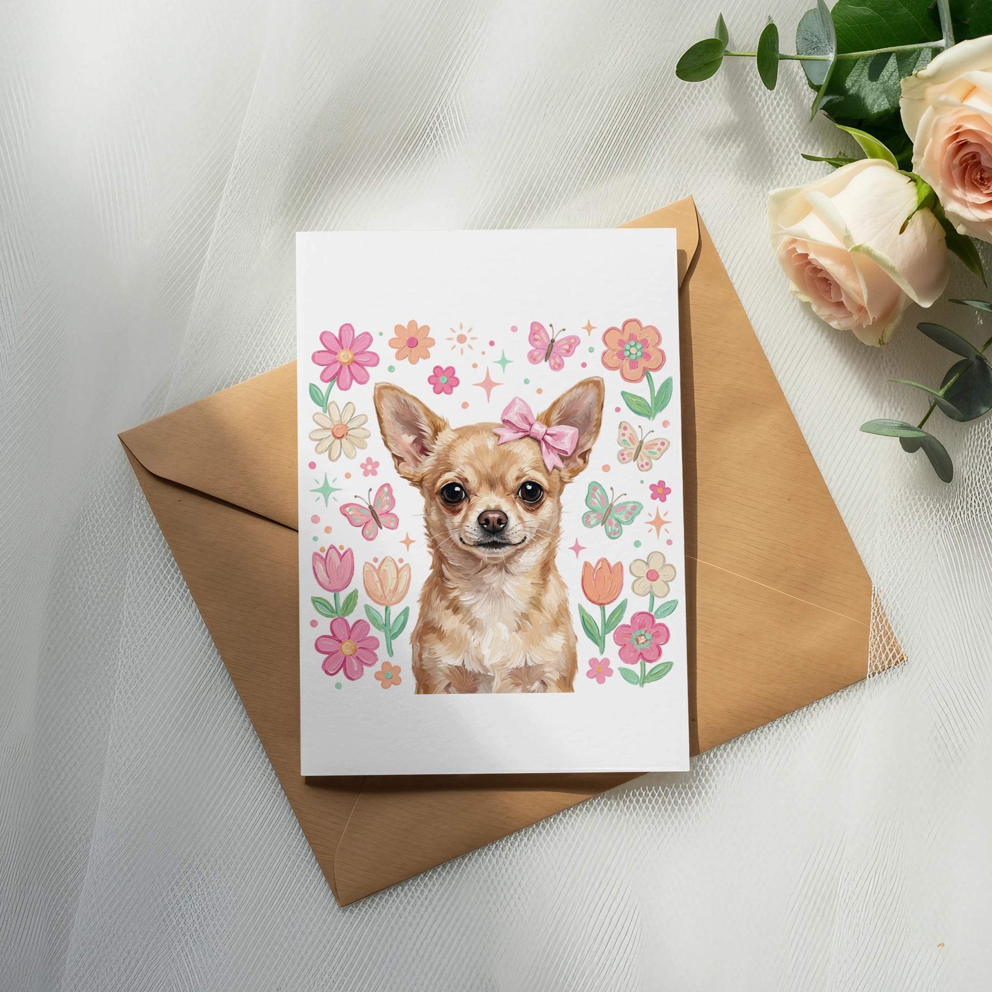 Chihuahua on greeting card with flowers and butterflies, on brown envelope.