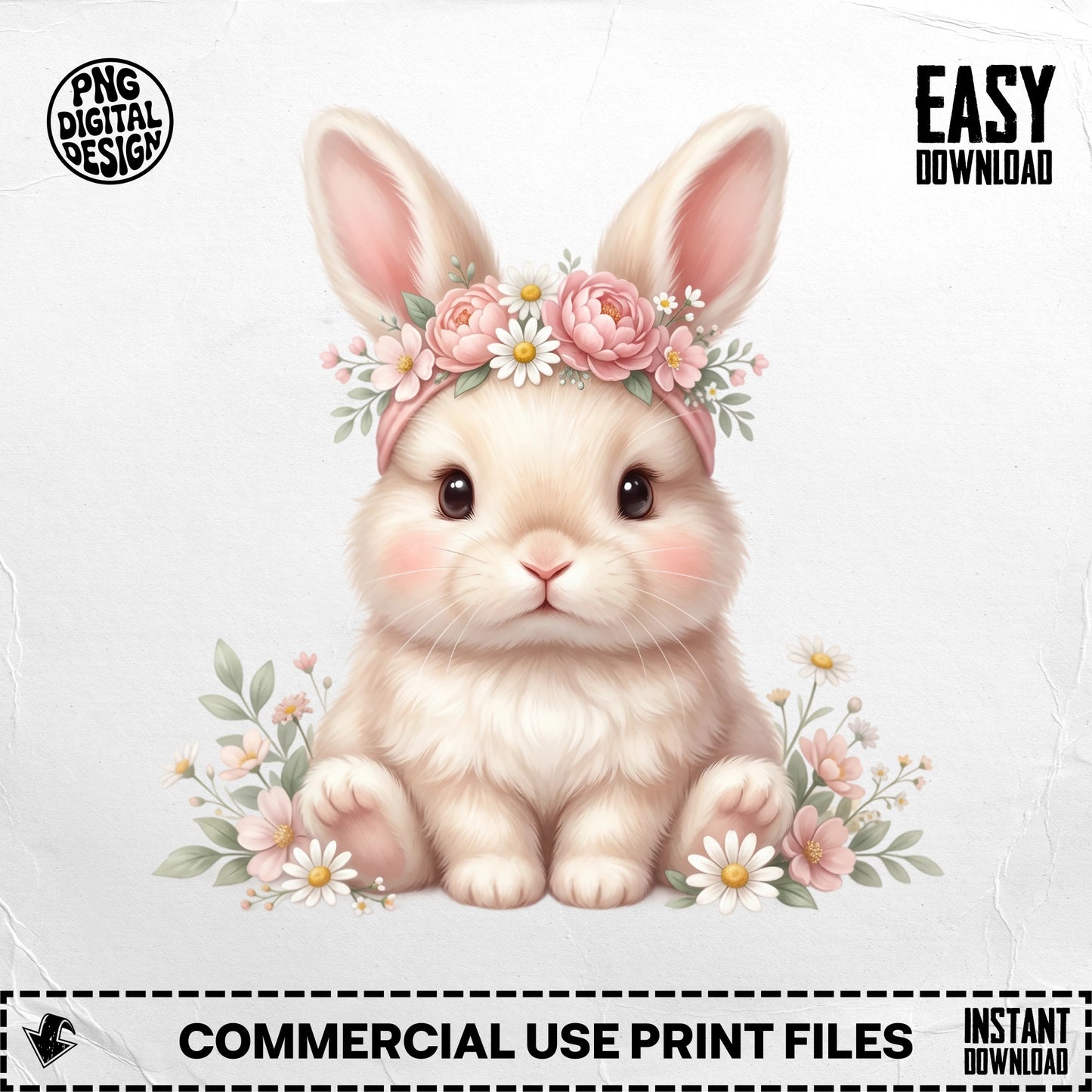 Cute fluffy bunny with pink flowers in headband and near ears.