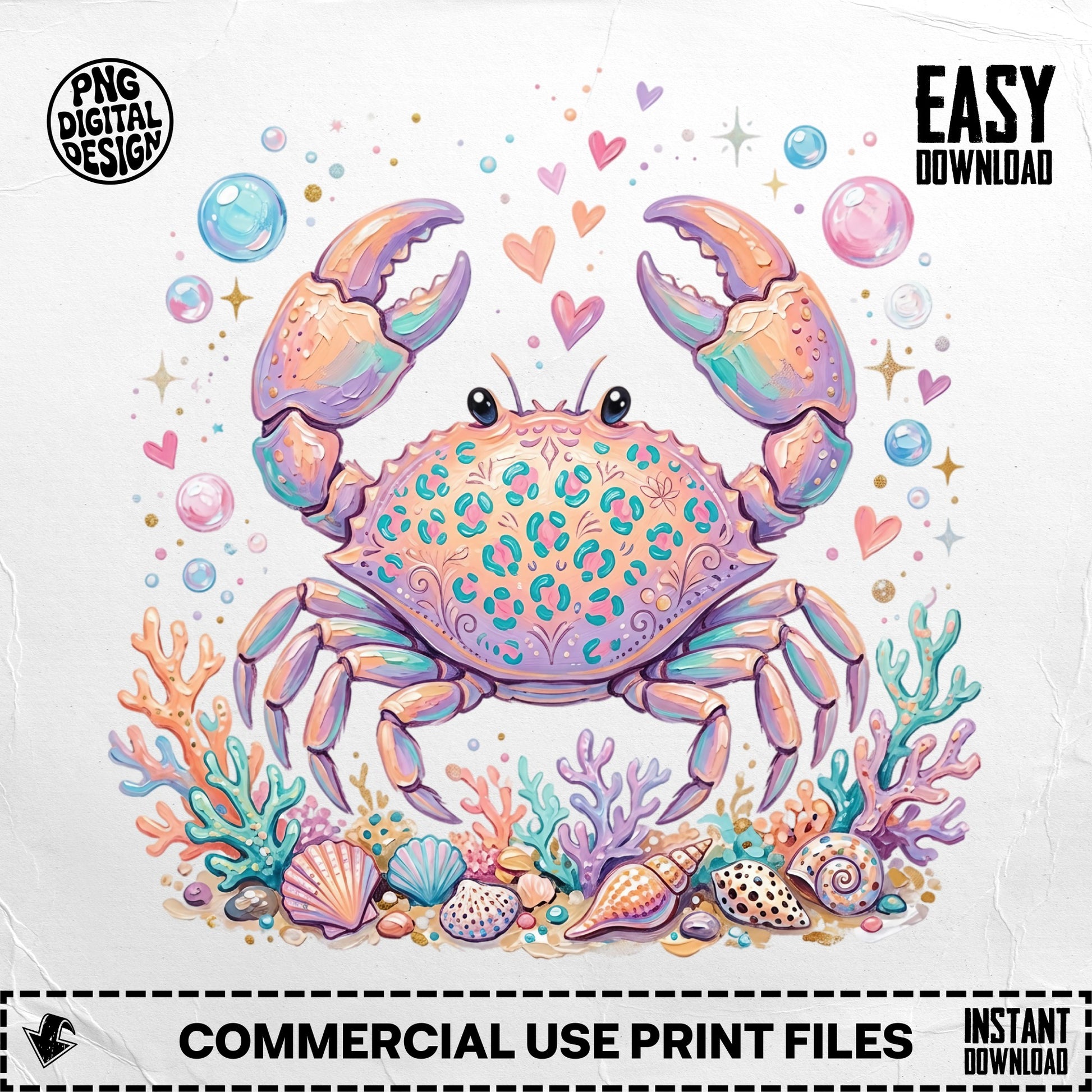 Colorful crab illustration with seashells and coral, digital download.
