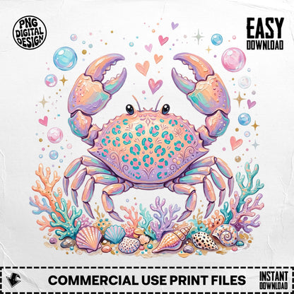 Colorful crab illustration with seashells and coral, digital download.