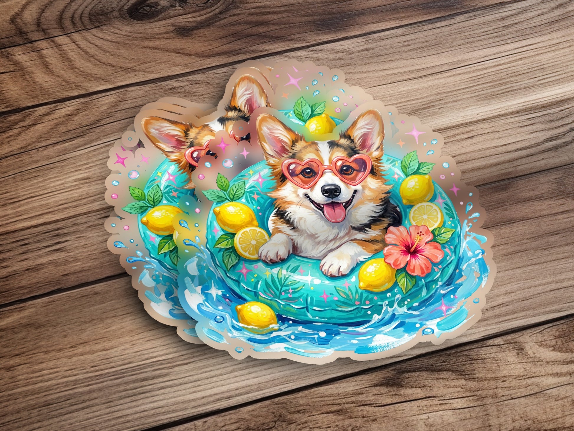 Corgi wearing heart sunglasses in a pool float surrounded by lemons.