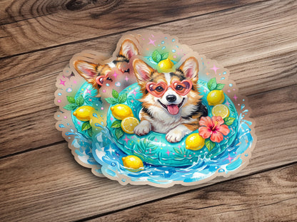 Corgi wearing heart sunglasses in a pool float surrounded by lemons.