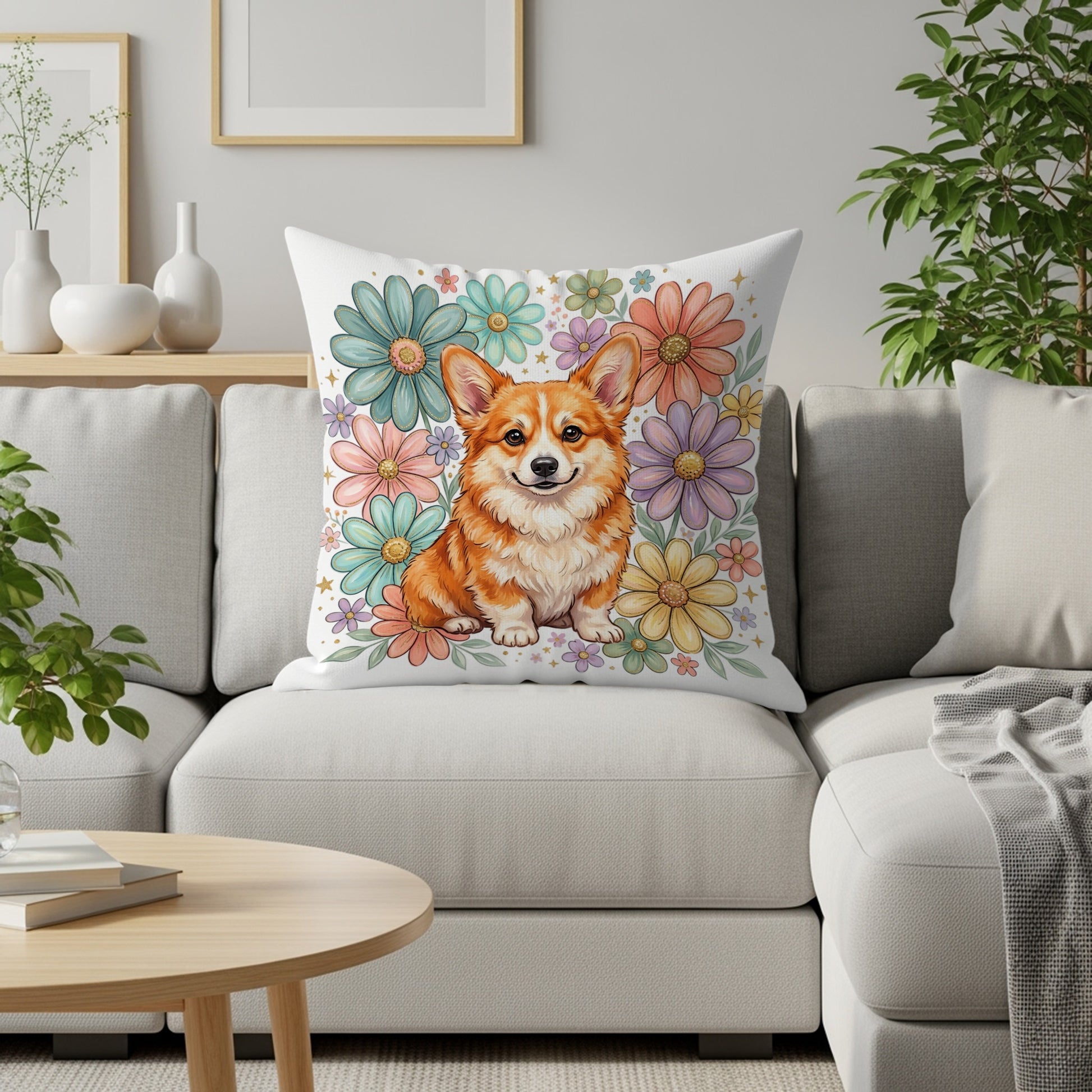 Corgi dog on a pillow surrounded by colorful cartoon flowers.