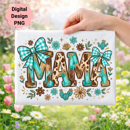 "MAMA" text with buffalo plaid bows, flowers, and cacti on a white t-shirt.