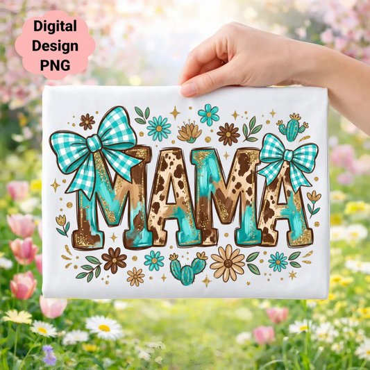 "MAMA" text with buffalo plaid bows, flowers, and cacti on a white t-shirt.
