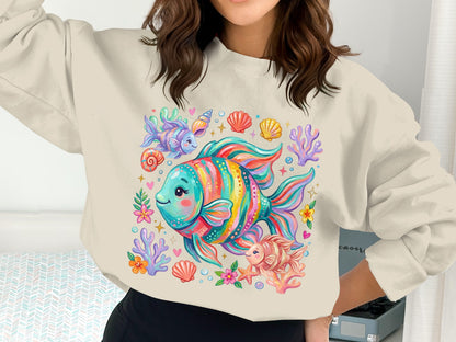 Colorful cartoon fish, shells, and sea anemones illustration on a cream sweatshirt.
