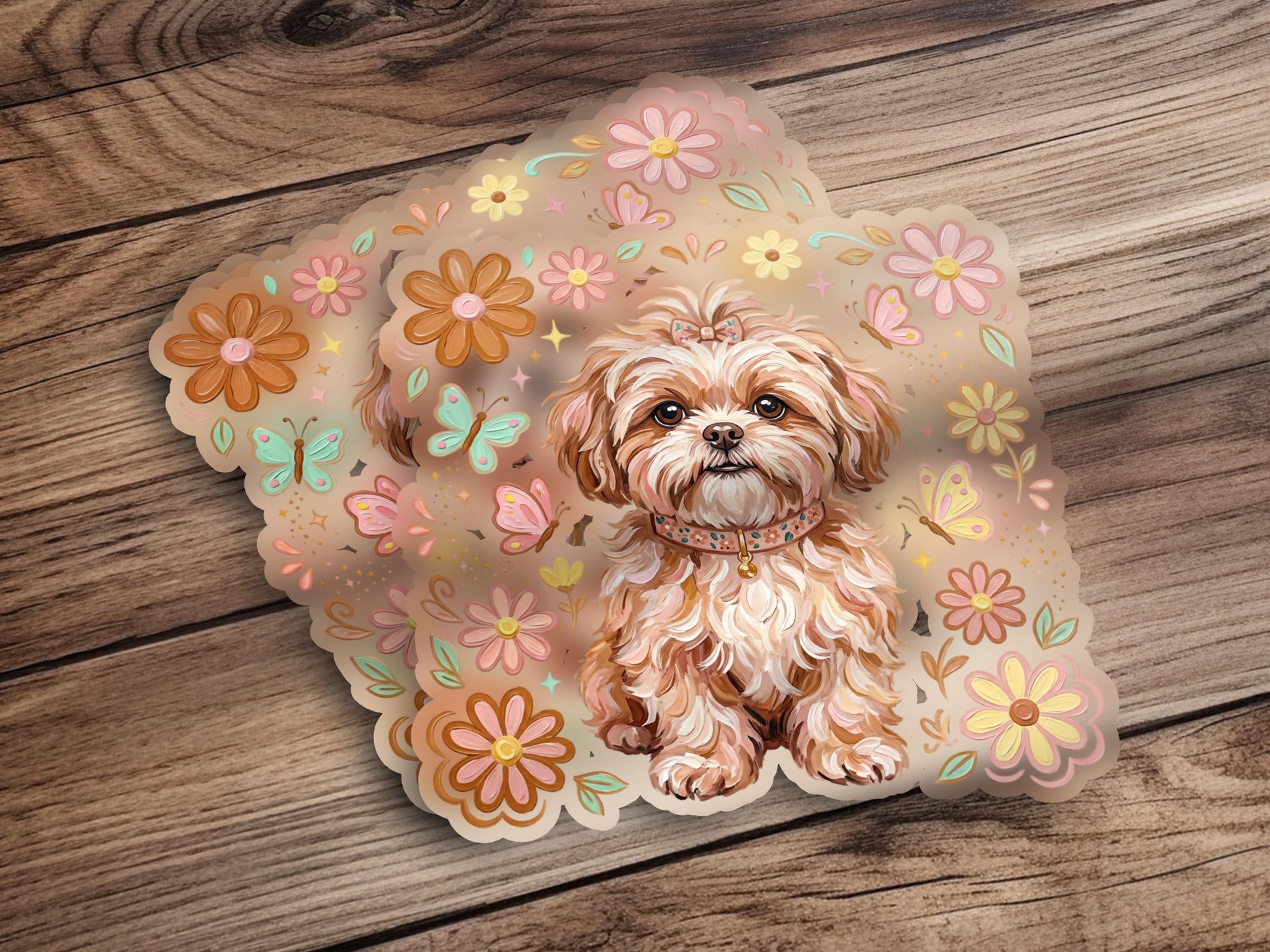 Shih Tzu puppy with floral border, butterflies, and "love you" text.