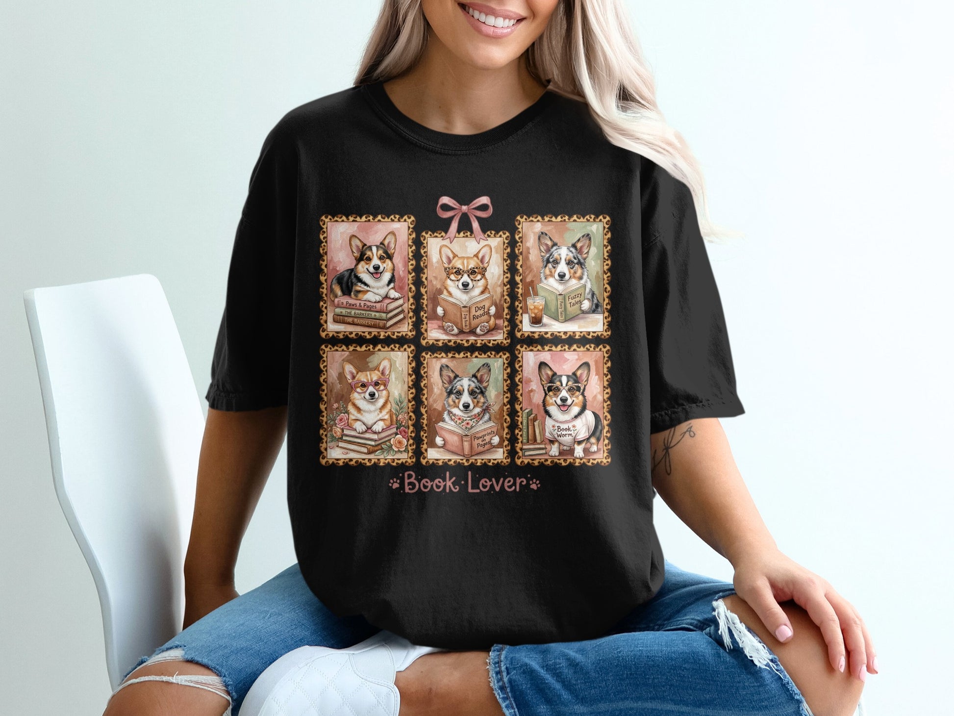 T-shirt featuring six framed corgi illustrations reading books, with text "Book Lover".