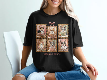 T-shirt featuring six framed corgi illustrations reading books, with text "Book Lover".