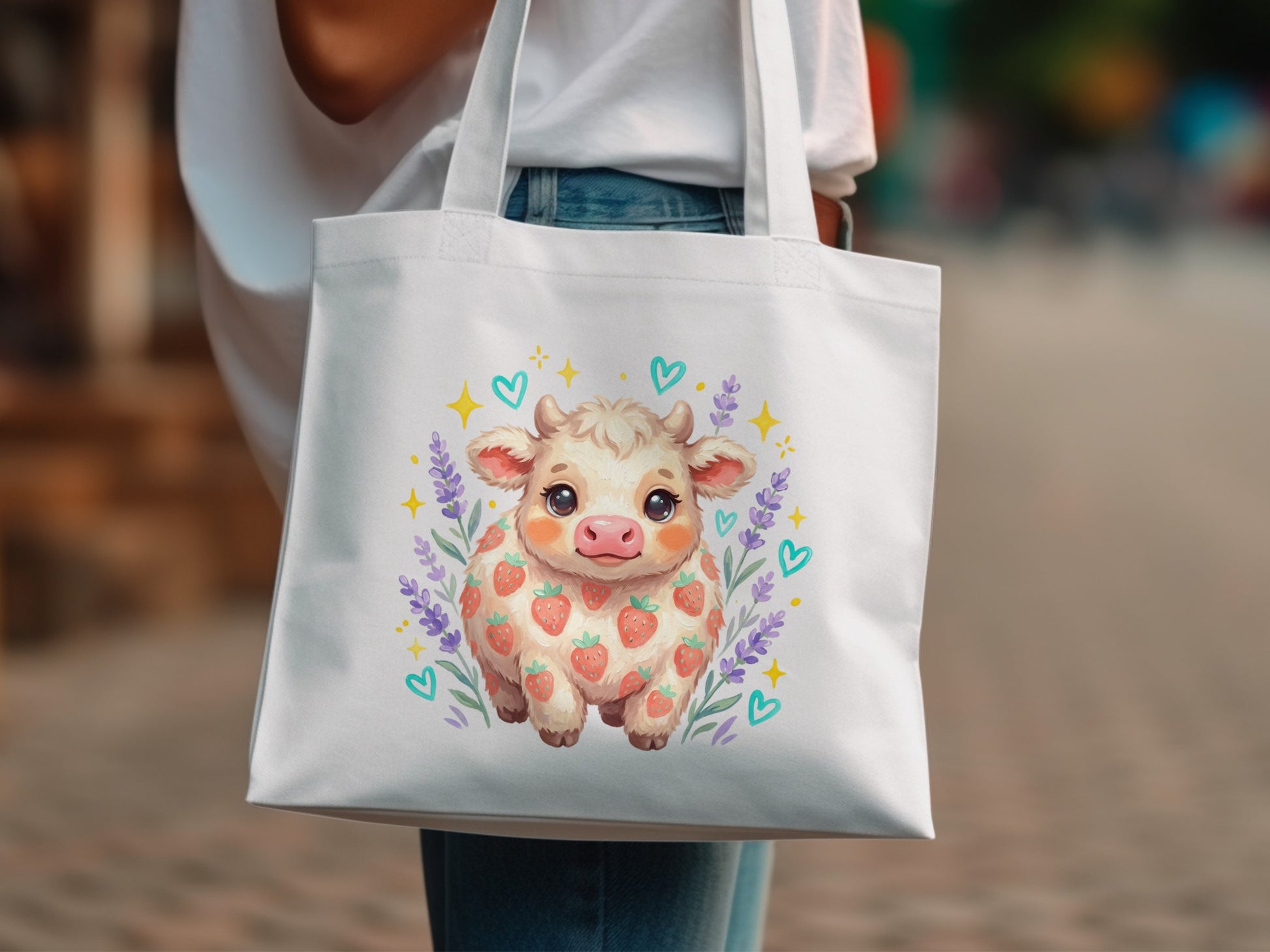White tote bag with a kawaii strawberry cow illustration and lavender sprigs.
